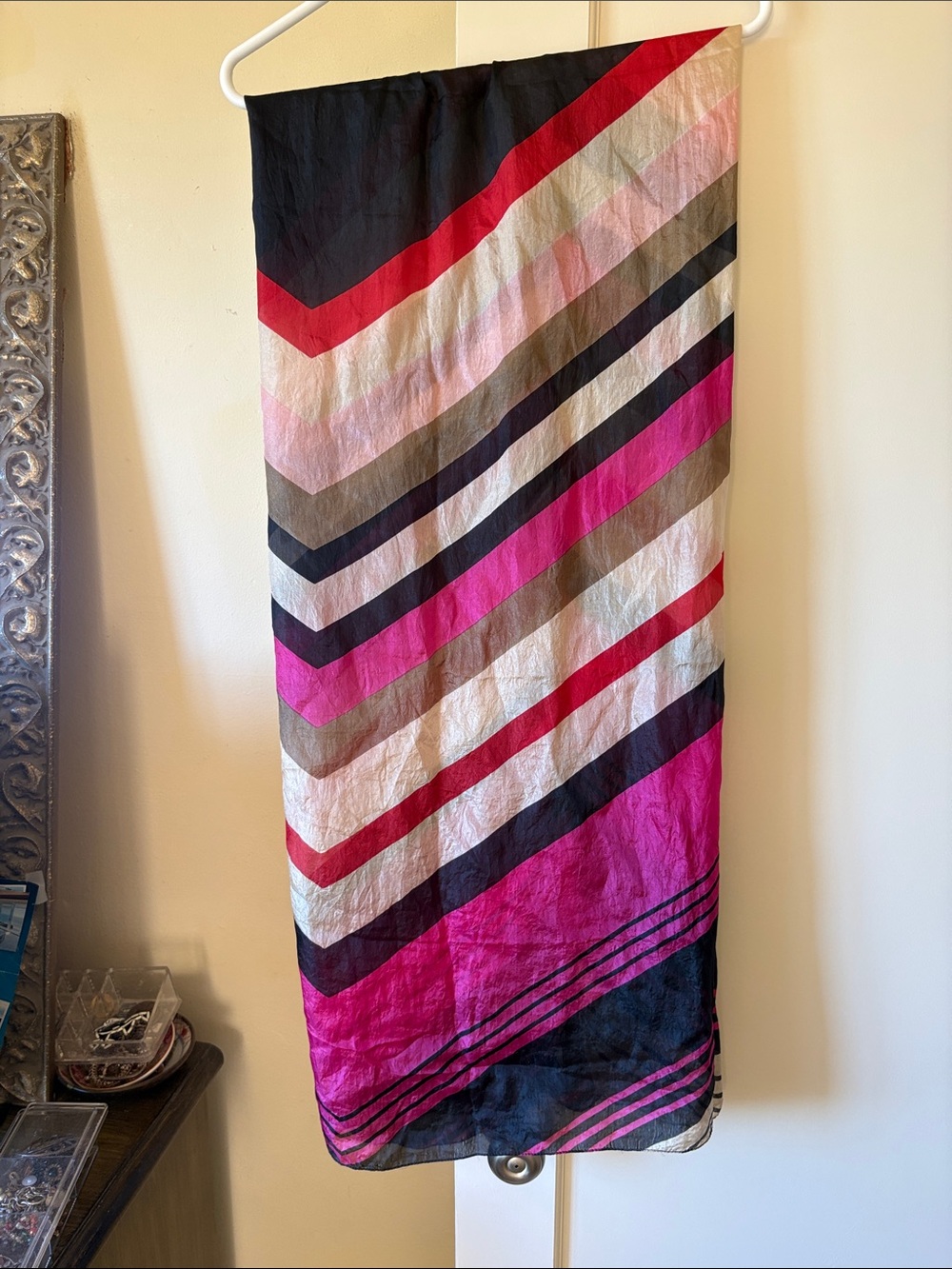 Striped Diagonal Scarf in Pink, Black & Cream